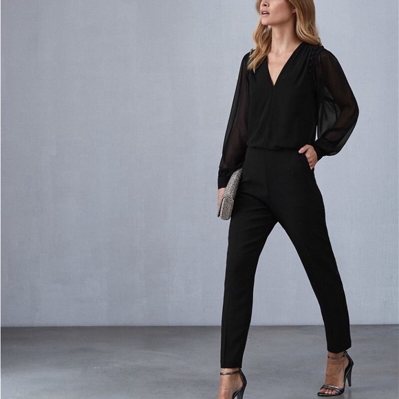 REISS Adeliza Women Button Detail Black Jumpsuit Long Sheer Sleeves - Picture 2 of 9